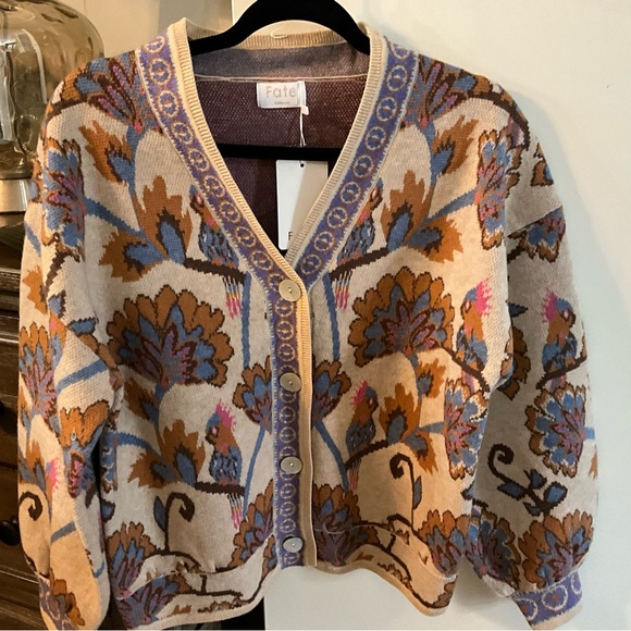 Fate Beige Floral Jacquard Button Cardigan with Blue & Brown Accents - Picture 5 of 5